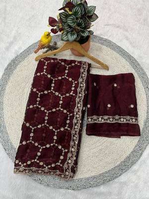 maroon color Sequins With Zari Thread Embroidery work with cutwork Border Chiffon saree 4