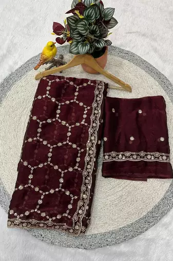 maroon color Sequins With Zari Thread Embroidery work with cutwork Border Chiffon saree
