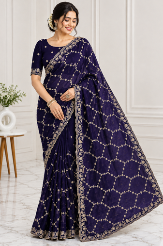 purple color Sequins With Zari Thread Embroidery work with cutwork Border Chiffon saree