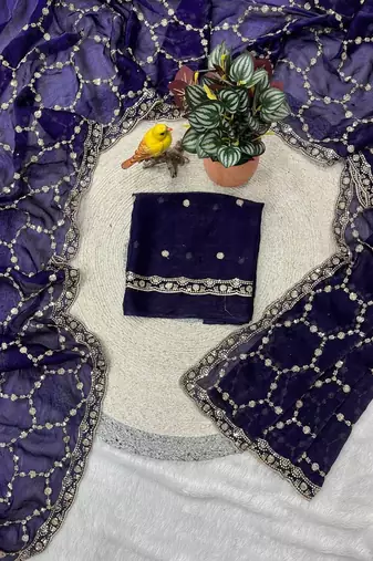 purple color Sequins With Zari Thread Embroidery work with cutwork Border Chiffon saree