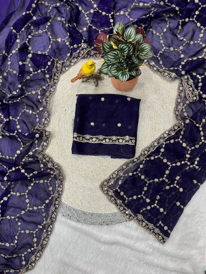 purple color Sequins With Zari Thread Embroidery work with cutwork Border Chiffon saree