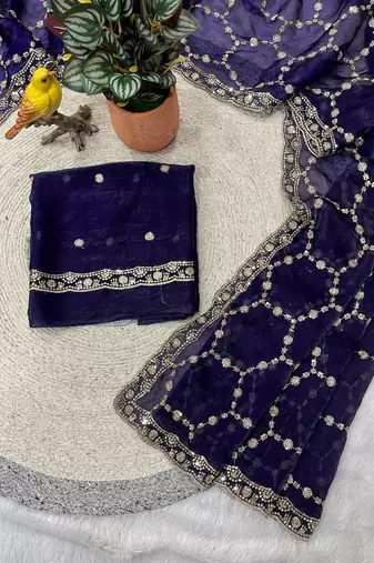 purple color Sequins With Zari Thread Embroidery work with cutwork Border Chiffon saree