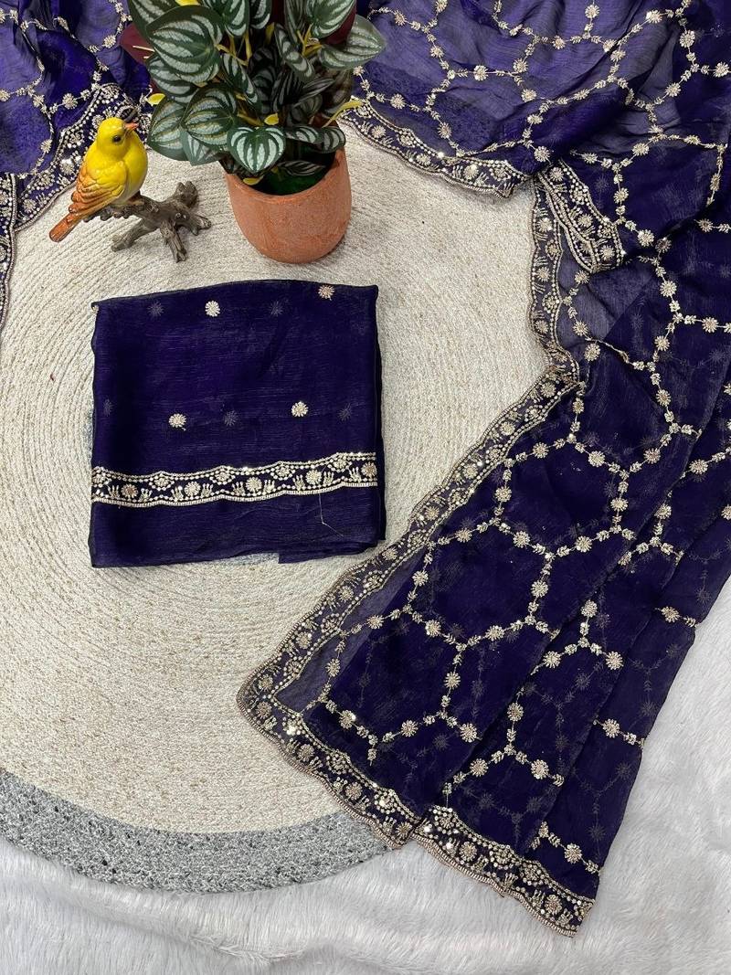 purple color Sequins With Zari Thread Embroidery work with cutwork Border Chiffon saree