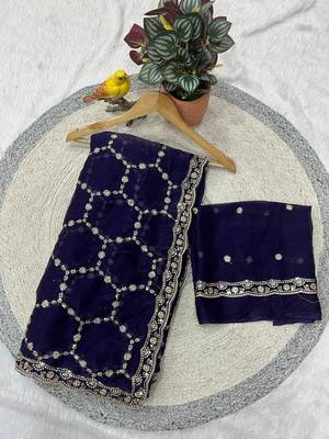 purple color Sequins With Zari Thread Embroidery work with cutwork Border Chiffon saree 4