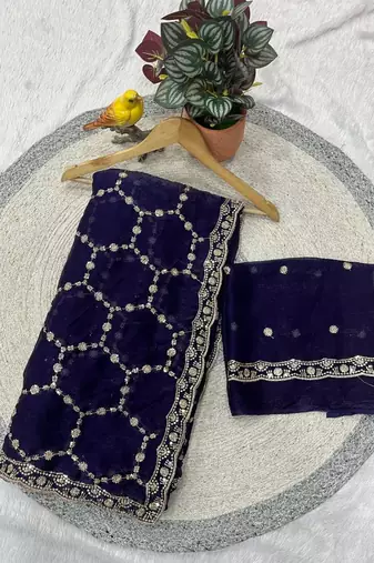 purple color Sequins With Zari Thread Embroidery work with cutwork Border Chiffon saree