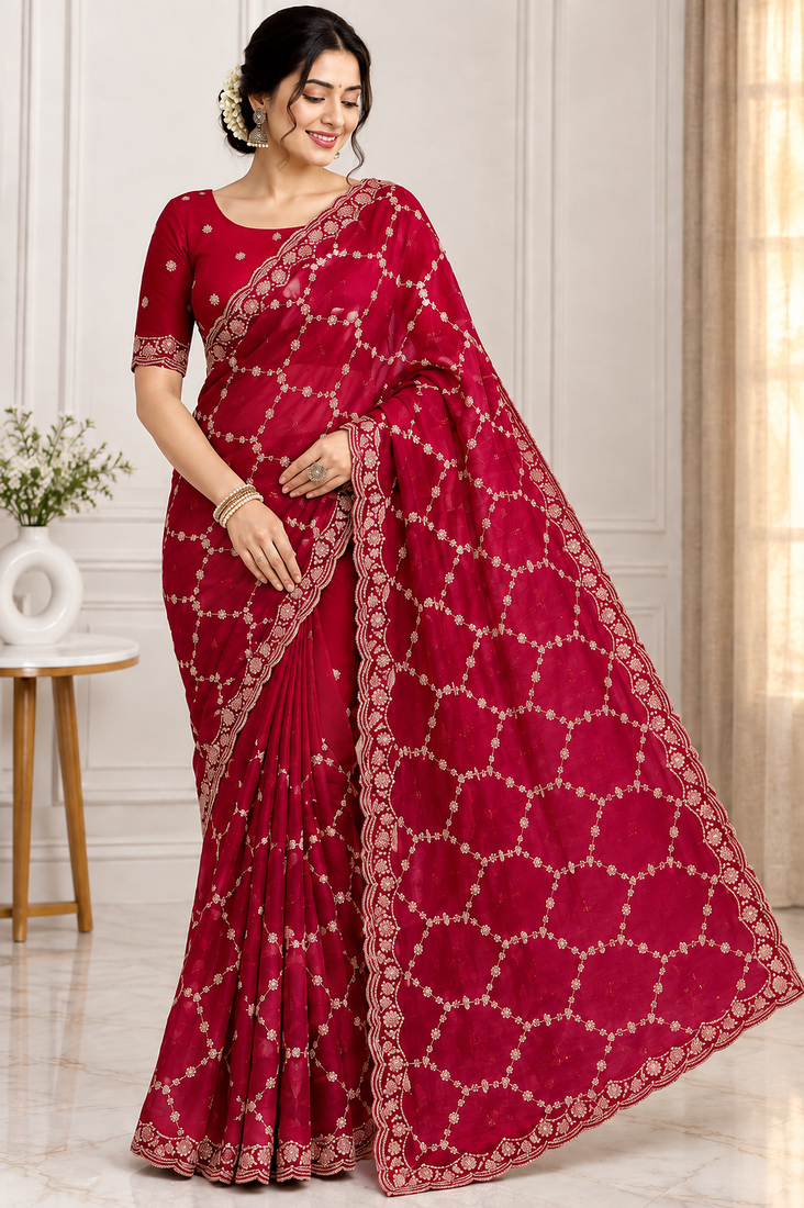 red color Sequins With Zari Thread Embroidery work with cutwork Border Chiffon saree
