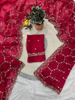 red color Sequins With Zari Thread Embroidery work with cutwork Border Chiffon saree 2