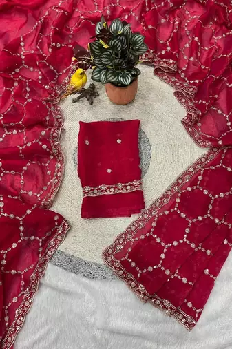 red color Sequins With Zari Thread Embroidery work with cutwork Border Chiffon saree