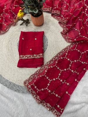 red color Sequins With Zari Thread Embroidery work with cutwork Border Chiffon saree 3
