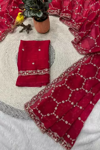 red color Sequins With Zari Thread Embroidery work with cutwork Border Chiffon saree