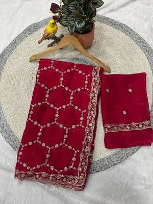 red color Sequins With Zari Thread Embroidery work with cutwork Border Chiffon saree 4