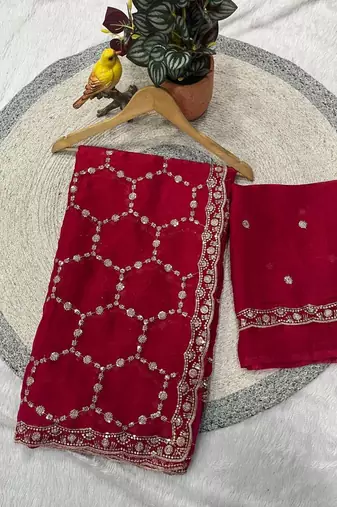 red color Sequins With Zari Thread Embroidery work with cutwork Border Chiffon saree