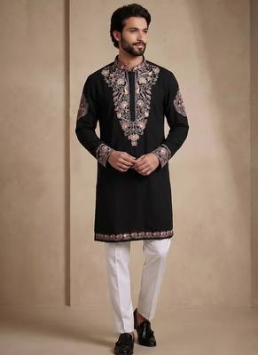 Black silk kurta with embroidery work for men;s 1