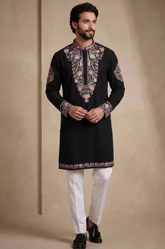 Black silk kurta with embroidery work for men;s
