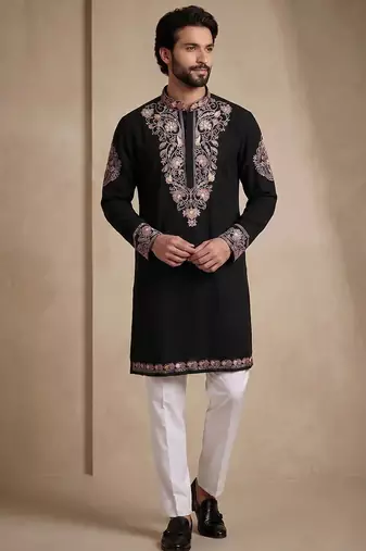 Black silk kurta with embroidery work for men;s
