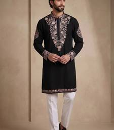 Black silk kurta with embroidery work for men;s