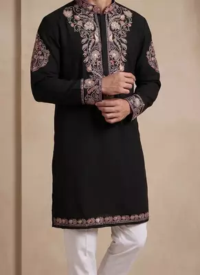 Black silk kurta with embroidery work for men;s 2