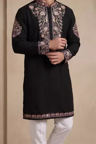 Black silk kurta with embroidery work for men;s