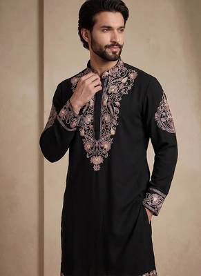 Black silk kurta with embroidery work for men;s 3