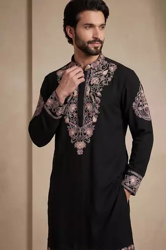 Black silk kurta with embroidery work for men;s