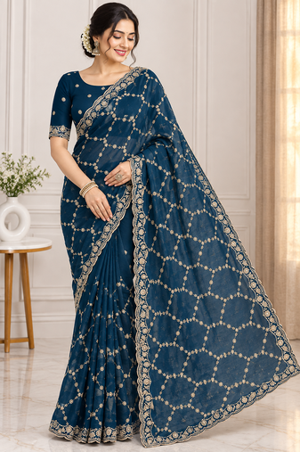 Teal color Sequins With Zari Thread Embroidery work with cutwork Border Chiffon saree