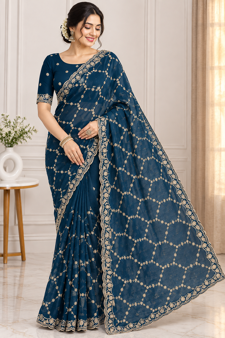 Teal color Sequins With Zari Thread Embroidery work with cutwork Border Chiffon saree