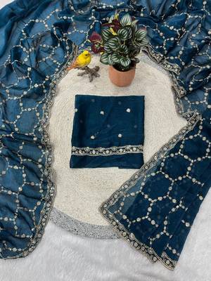 Teal color Sequins With Zari Thread Embroidery work with cutwork Border Chiffon saree 2