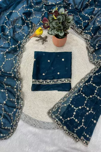 Teal color Sequins With Zari Thread Embroidery work with cutwork Border Chiffon saree