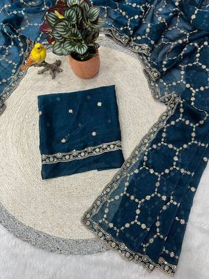Teal color Sequins With Zari Thread Embroidery work with cutwork Border Chiffon saree 3