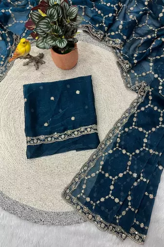 Teal color Sequins With Zari Thread Embroidery work with cutwork Border Chiffon saree