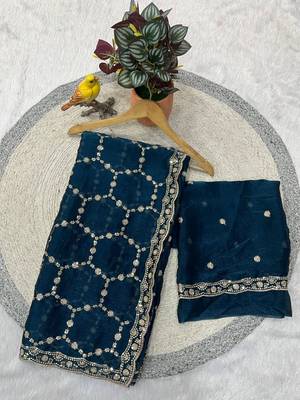 Teal color Sequins With Zari Thread Embroidery work with cutwork Border Chiffon saree 4