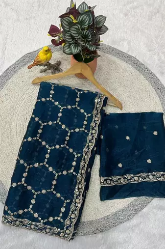 Teal color Sequins With Zari Thread Embroidery work with cutwork Border Chiffon saree