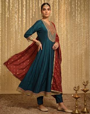 Embroidery Vichitra Silk Fabric Flared Anarkali Pant and Dupatta Set 1