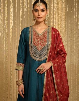 Embroidery Vichitra Silk Fabric Flared Anarkali Pant and Dupatta Set 2