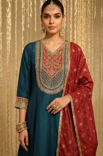 Embroidery Vichitra Silk Fabric Flared Anarkali Pant and Dupatta Set
