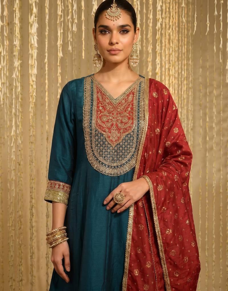 Embroidery Vichitra Silk Fabric Flared Anarkali Pant and Dupatta Set