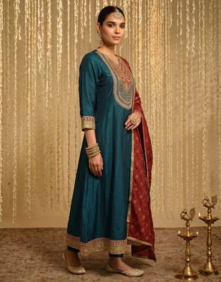 Embroidery Vichitra Silk Fabric Flared Anarkali Pant and Dupatta Set 3