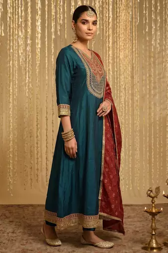 Embroidery Vichitra Silk Fabric Flared Anarkali Pant and Dupatta Set