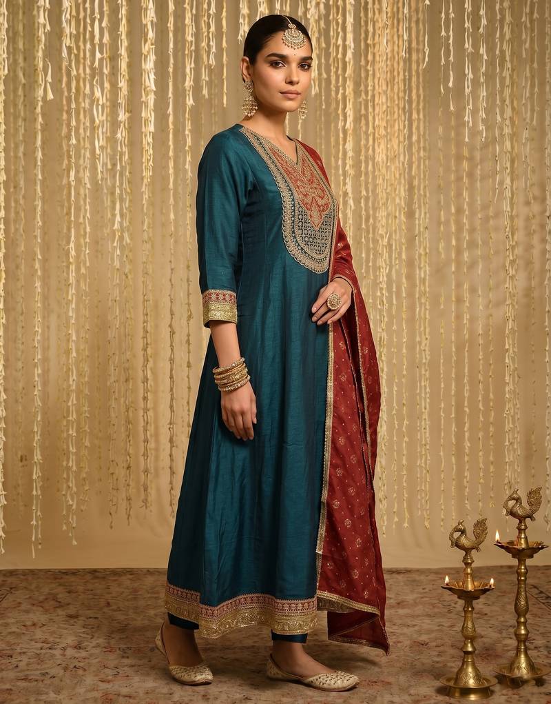 Embroidery Vichitra Silk Fabric Flared Anarkali Pant and Dupatta Set