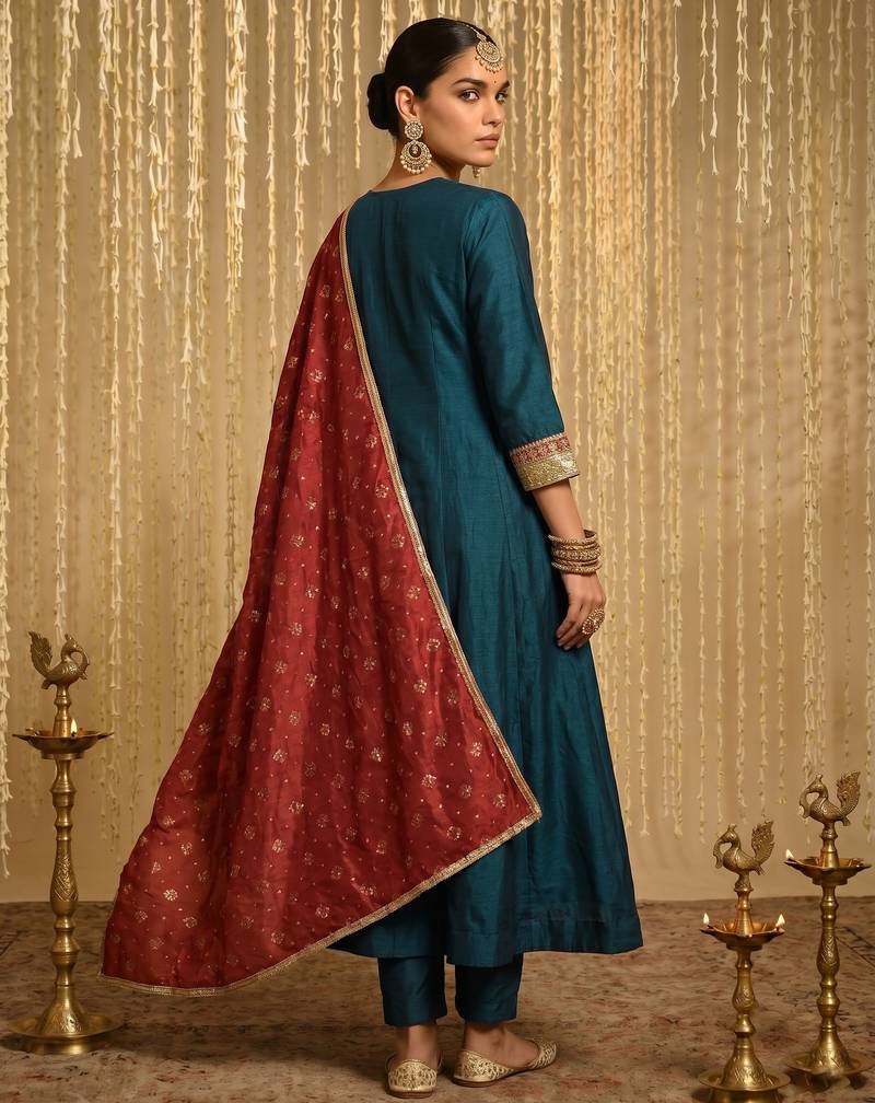 Embroidery Vichitra Silk Fabric Flared Anarkali Pant and Dupatta Set