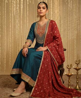Embroidery Vichitra Silk Fabric Flared Anarkali Pant and Dupatta Set 5