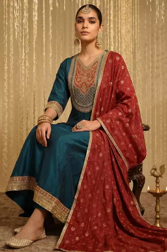 Embroidery Vichitra Silk Fabric Flared Anarkali Pant and Dupatta Set