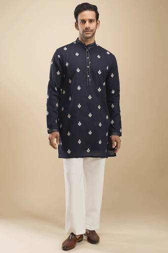 Blue cotton short kurta for men's