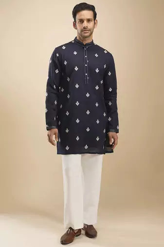 Blue cotton short kurta for men's