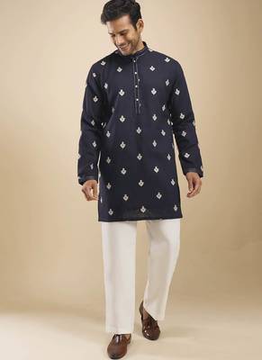 Blue cotton short kurta for men's 3