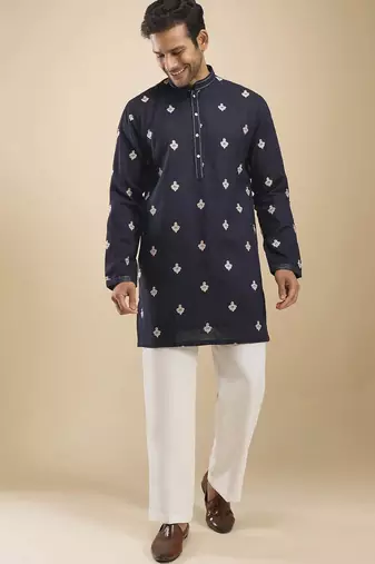 Blue cotton short kurta for men's
