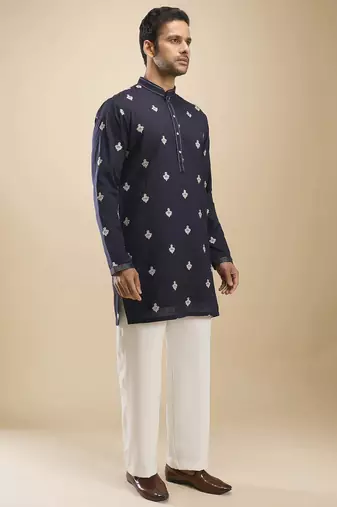 Blue cotton short kurta for men's