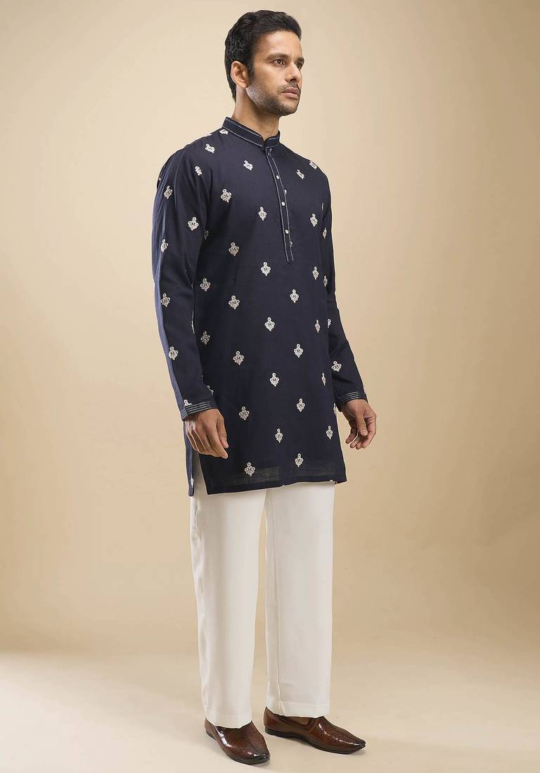 Blue cotton short kurta for men's