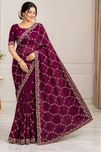 Wine color Sequins With Zari Thread Embroidery work with cutwork Border Chiffon saree
