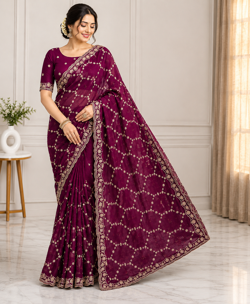 Wine color Sequins With Zari Thread Embroidery work with cutwork Border Chiffon saree